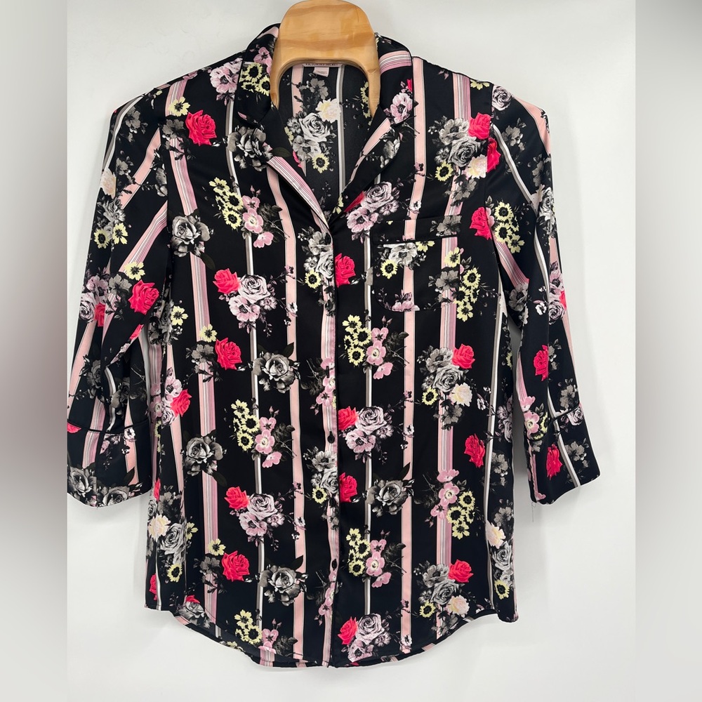 Victoria Secret Size L Satin DRESS Sleep Shirt Women  Black‎ Floral Print